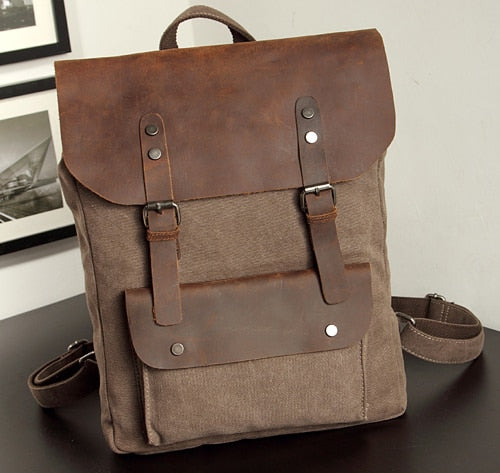 Fashion Leather Canvas Backpack for School or Hiking