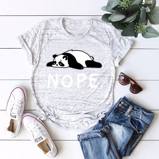 Cute Lazy Panda Nope Print Short Sleeve Women's T Shirt