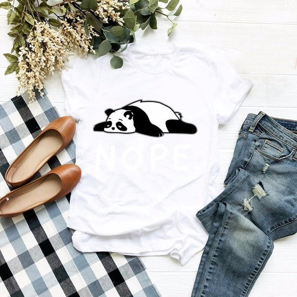 Cute Lazy Panda Nope Print Short Sleeve Women's T Shirt